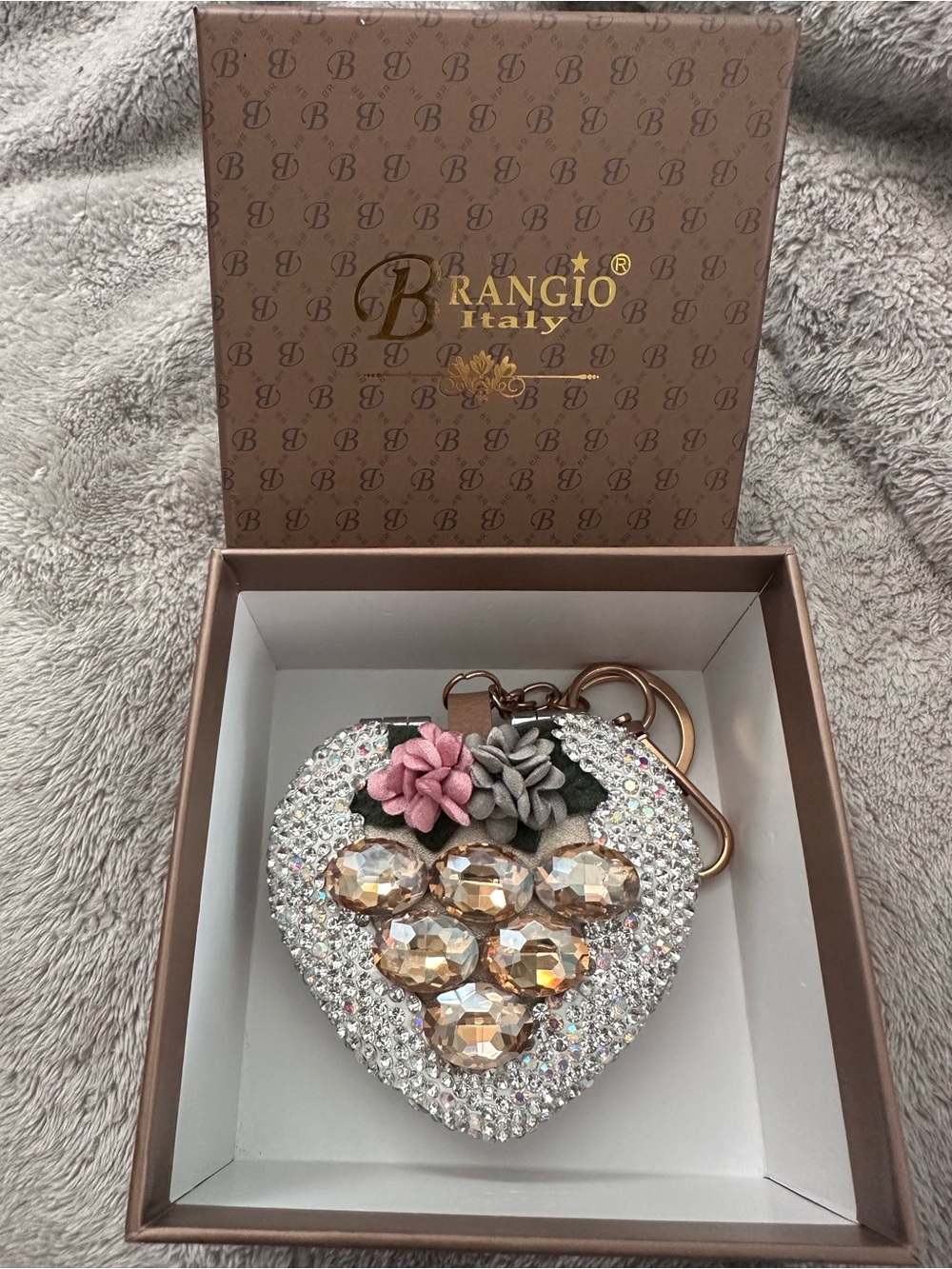 Crystal Heart Charm Compact Mirror Keychain